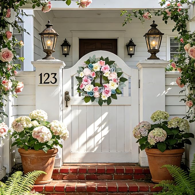 Garvee 20 Inch Spring Wreaths for Front Door, Artificial Pink Rose Wreath | with Colorful Florals and Eucalyptus Foliage, for Home Wall Window Wedding Party Indoor Outdoor Decor