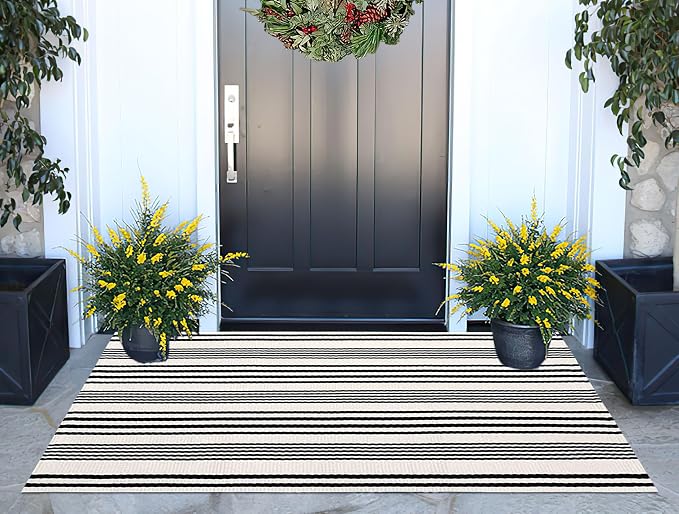 Black and White Striped Outdoor Rug 24'' x 51''Farmhouse Front Porch Rug Hand-Woven Machine Washable Layered Door Mats for Entryway/Bedroom/Patio/Porch Decor