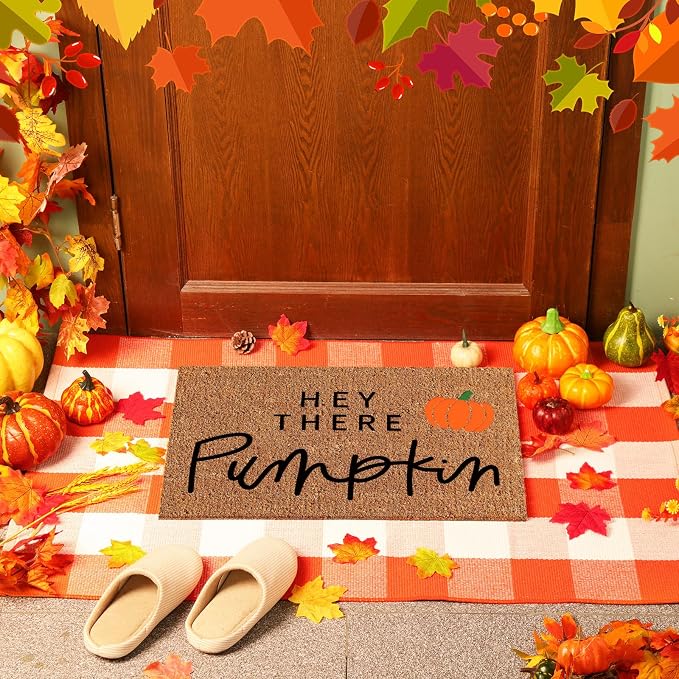 2 Pcs Fall Coir Doormat Outdoor Hey There Pumpkin Welcome Outdoor Mat Thanksgiving Front Proch Rugs Layered Buffalo Plaid Mats for Autumn Front Porch Entryway Decor