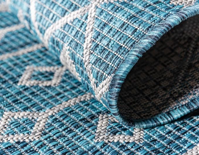 Unique Loom Outdoor Trellis Collection Area Rug - Tribal Trellis (2' x 8' Runner, Teal/ Ivory)