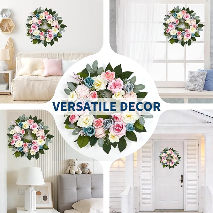 Garvee 20 Inch Spring Wreaths for Front Door, Artificial Pink Rose Wreath | with Colorful Florals and Eucalyptus Foliage, for Home Wall Window Wedding Party Indoor Outdoor Decor