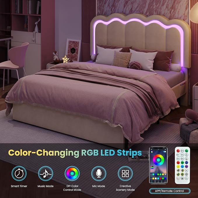 SHA CERLIN Queen Size Bed Frame with LED Lights and Storage Drawer, Cream | Upholstered Velvet Platform Bed with Adjuatable Wavy Headboard, Noise-Free, Easy Assembly,No Box Spring Needed