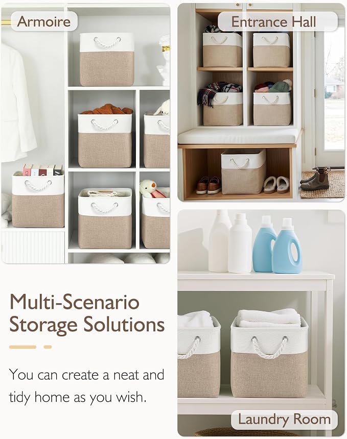 Patvingot 11-Inch Fabric Cube Storage Bins with Handles,4 Pack,Foldable | For cube shelves and closets,keeps grouped for everyday access,reinforced opening and fold-flat storage,white and khaki