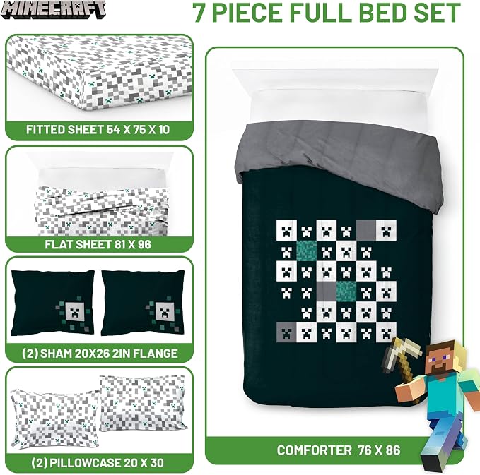 Minecraft Creeper Full Comforter Set 7 Piece Video Game Bedding, Green | Zombie Enderman, Comforter Sheets Shams Pillowcases, Official Product, Soft Microfiber, Machine Washable, Kids Gift