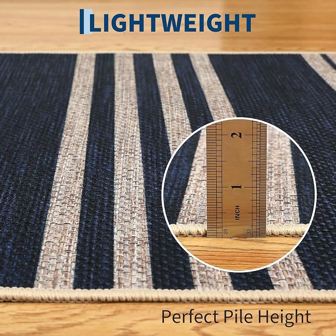 COZYLOOM Geometric Area Rugs 2x6 Runner Rug for Hallway Non Slip Stain Resistant Rug for Kitchen Modern Striped Non Shedding Low Pile Door Mats for Bathroom Bedroom Entryway Laundry Room, Navy Blue