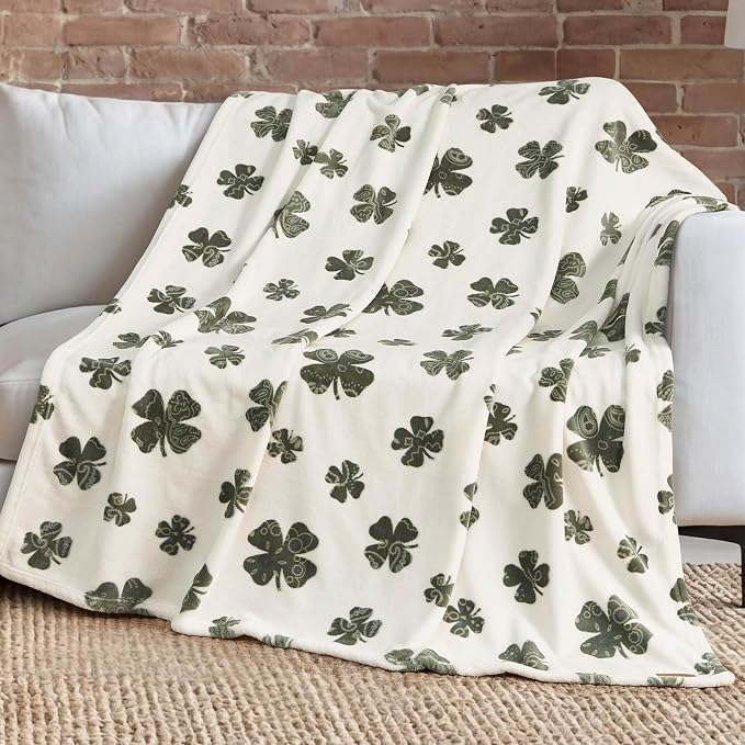Lucky Brand 50" x 70" Plush Throw Blanket, Clover Ivory Blanket for Sofa or Bed