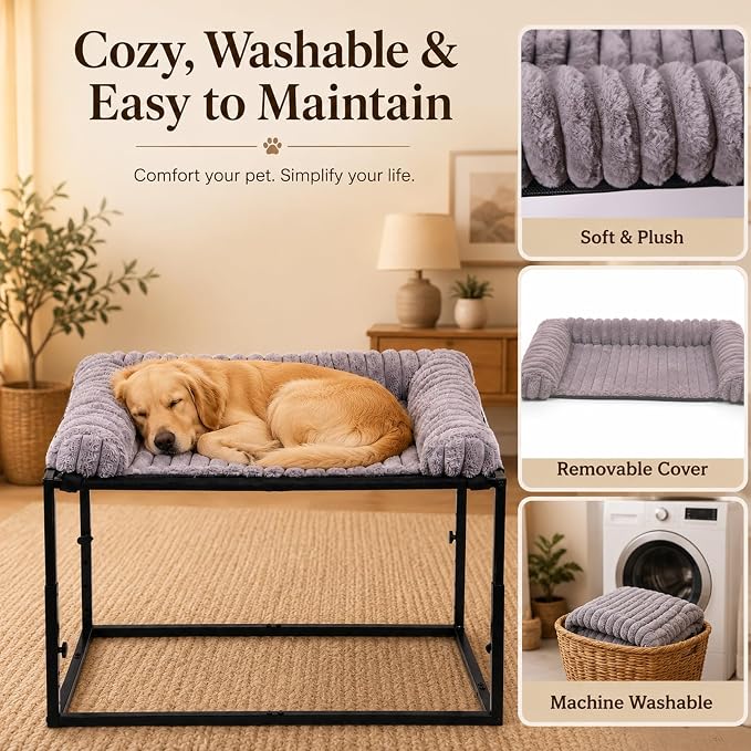 Adjustable Bedside Dog Bed for Small Dogs, Elevated Co-Sleeper Dog Bed with Reinforced Metal Frame, Thick Supportive Cushion Mattress & Washable Cover, Dog Bedside Sleeper for Dogs & Cats