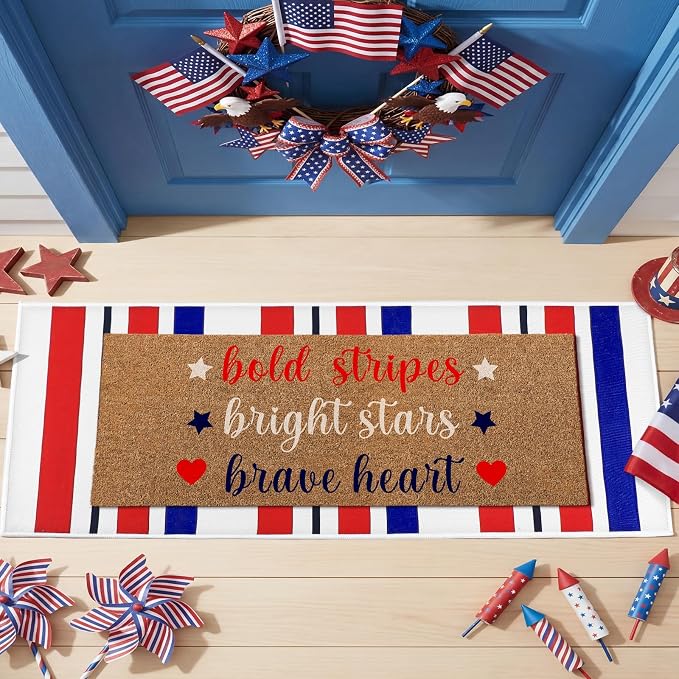 Moucuny 2 Pcs Patriotic Doormat Outdoor Decor 4th of July Coir Doormat Red Blue White Striped Welcome Rug Non-Slip Independence Day Memorial Day 250th Anniversary Mat Front Porch Entrance Decor