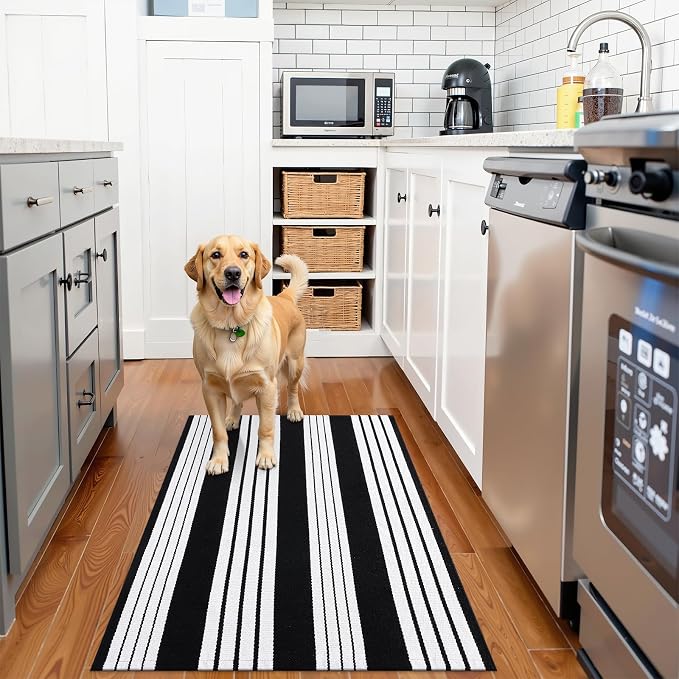 OLANLY Black and White Classic Striped Rug 4' x 6' | Washable Cotton Indoor Outdoor Doormat for Front Door, Entryway, Kitchen, Porch, Patio Decor