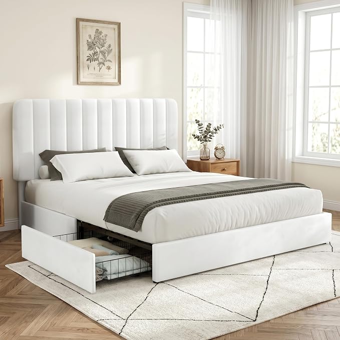 VECELO Queen Size Upholstered Bed Frame with 4 Drawers and Headboard, Velvet Platform Storage Bedframe, Wooden Slats Support, No Box Spring Needed,Snow-White