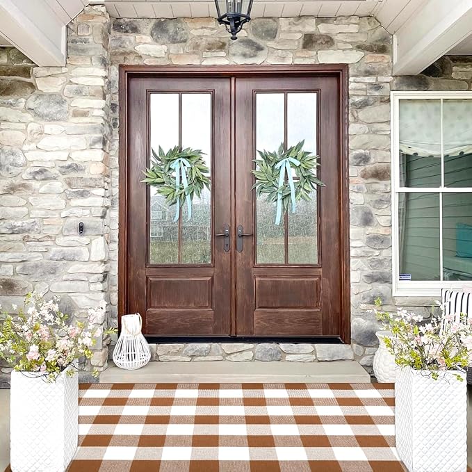 Ckorzen Coffee and White Plaid Rug, 3' x 5' Outdoor Front Porch Door Decor Mat, Washable Cotton Woven Farmhouse Area Rug for Layered Door Mats Carpet, Entryway, Easter Décor
