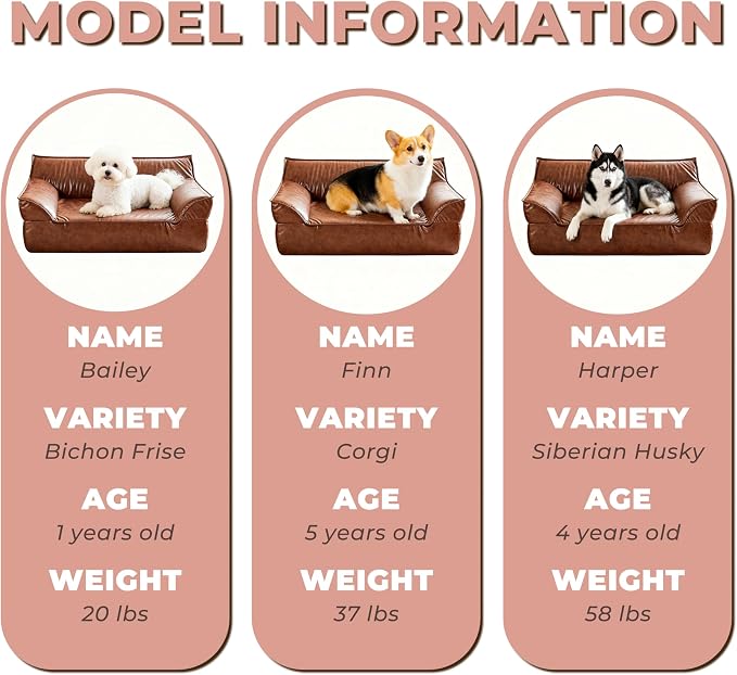 Large Leather Dog Sofa Pet Bed Couch for Large and Medium Dogs Under 70 lbs, Brown Luxurious Vintage Elevated Dog Sofa Chaise Indoor Furniture Style Pet Supplies Low Maintenance