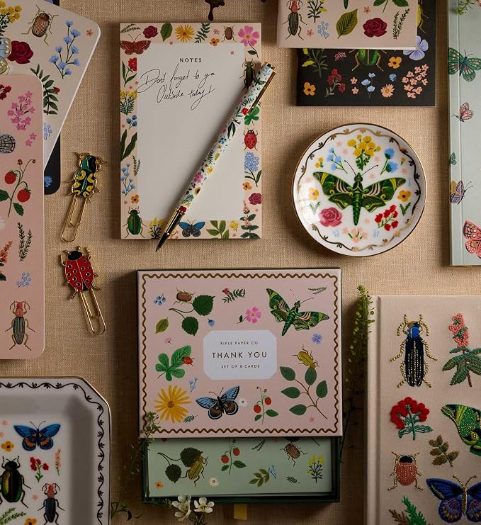 RIFLE PAPER CO. Curio Thank You Keepsake Card Boxed Set of 8, 4.25" L x 5.5" W Blank Interior Lets Your Thoughtful Handwritten Note Take Center Stage, Crafted in the USA