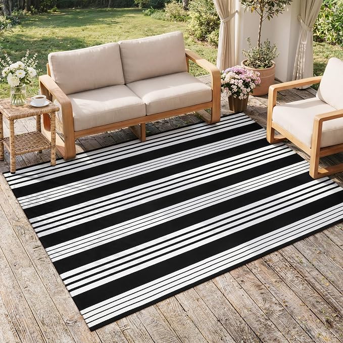 OJIA Black and White Outdoor Rug 4'x6' Washable Patio Rug Porch Camping Rug | Cotton Woven Front Door Mat Outdoor Area Rugs Floor Mat for Farmhouse/Front Porch/Balcony/Entryway/Deck/Home Entrance Decor