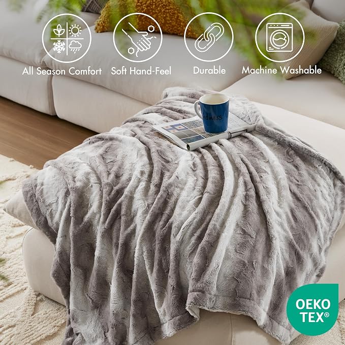 Madison Park Zuri Faux Fur Reversible Throw Blanket, 50 x 60 in, Grey | Oversized Soft Plush, Luxury, Animal Stripes, Mink Reverse, Modern, All Season, for Bed Sofa Couch, OEKO-TEX Certified