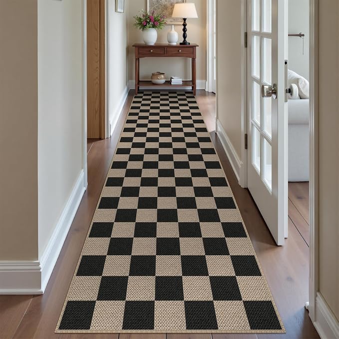 Rugalia Easy Jute Checkered Runner Rug, 2.6x10 Black Modern Washable Rugs Runner for Hallway Non-Slip Kitchen Runner Rug, Geometric Checkerboard Indoor Outdoor Carpet for Porch Laundry Entryway
