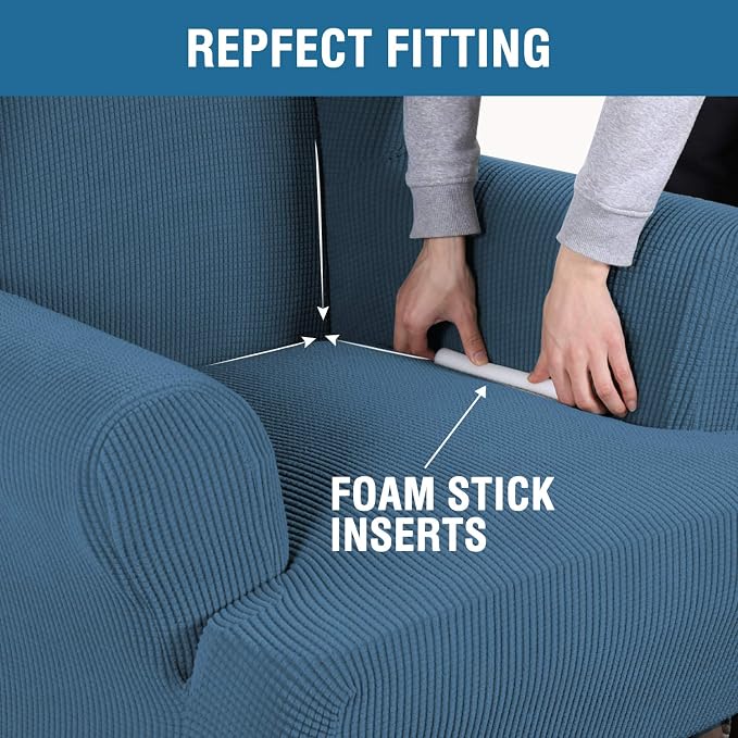H.VERSAILTEX Wing Chair Slipcover Chair Covers for Wingback Chairs Wingback Chair Covers Slipcovers 1 Piece Stretch Sofa Cover Furniture Protector Soft Spandex Jacquard Checked Pattern, Dusty Blue