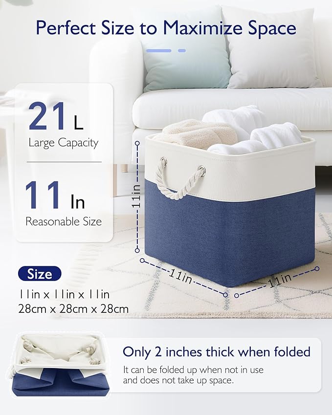 Patvingot 11-Inch Fabric Cube Storage Bins with Handles,6 Pack,Foldable | For cube shelves and closets,keeps grouped for everyday access,reinforced opening and fold-flat storage,white and blue