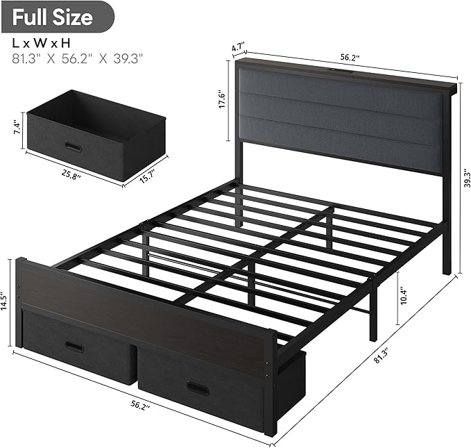 LIKIMIO Full Size Bed Frame with 2 Storage Drawers, Upholstered Headboard | Full Platform Bed Frame with Charging Station & LED Lights, Modern Style, Noise Free, No Box Spring Needed, Black and Grey