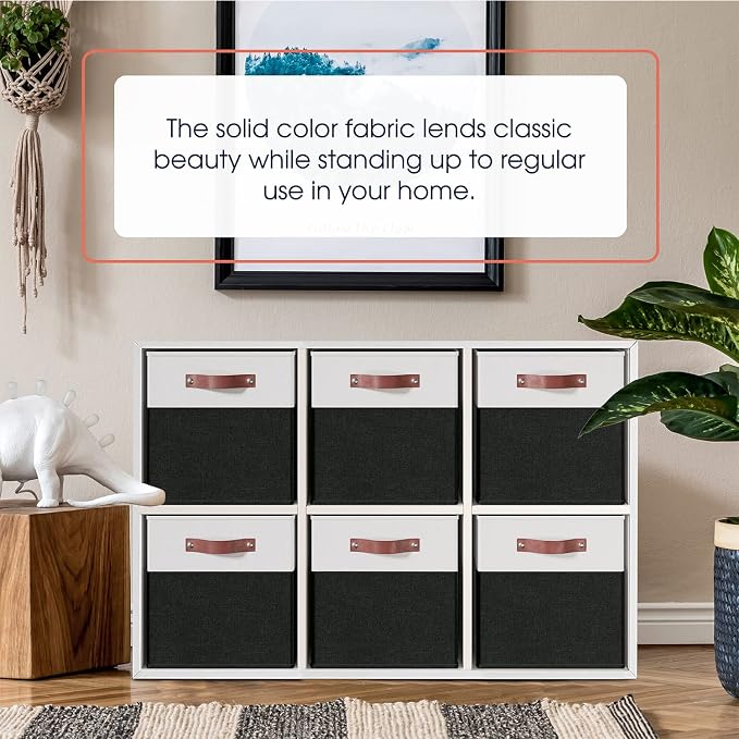 Ornavo Home 13x15x13 Foldable Fabric Storage Cube Bins, 6 Pack, White/Black | Collapsible Linen Shelf Basket Organizer; Leather Handles; Fits Cube Storage Shelving Units