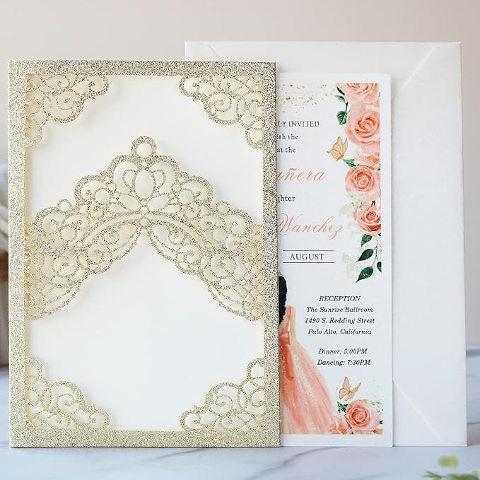 Hosmsua 50PCS Personalized Champagne Glitter Quinceanera Invitations Kit 5.1x7.3 Inch Laser Cut Floral Crown Pocket Quinceanera Invitation Cards with Envelopes for Birthday Quince Invitation