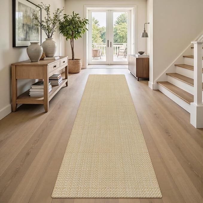 Rugalia Washable Woven Hallway Runner Rug, 2x8 Natural Beige Cotton Rug Runners for Entryway Non-Slip Long Kitchen Mat, Modern Neutral Indoor Outdoor Throw Runner Carpet for Porch Potio