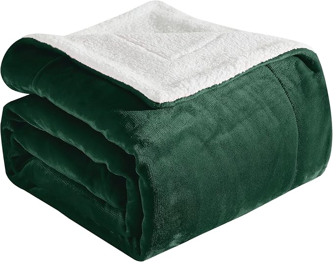 Elegant Comfort Ultra Soft Reversible Flannel Sherpa Blanket - Cozy Silky Fleece Throw for Couch, Bed - Plush Fuzzy Warm Winter Blanket for Gift, Full, Hunter Green