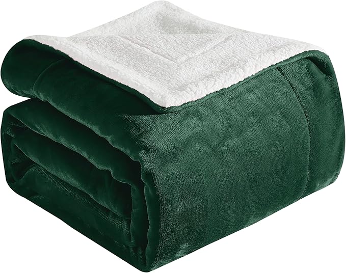Elegant Comfort Ultra Soft Reversible Flannel Sherpa Blanket - Cozy Silky Fleece Throw for Couch, Bed - Plush Fuzzy Warm Winter Blanket for Gift, Queen, Hunter Green