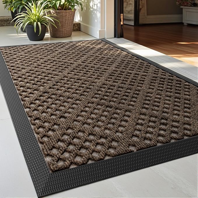 DEXI Front Door Mat Outside Entrance, 2x3 Heavy Duty Entry Doormat Dirt Trapper with Rubber Back, Non Slip Low Profile Floor Mats for Entryway Exterior Patio, Rhombic Brown