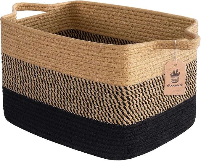 Goodpick Wicker Storage Basket with Handles, 13" x 10" x 9", Black & Jute | Gift Baskets Empty for Dog Toys, Books & Towels Storage, Shelf & Closet Organization, Stylish Home Decor