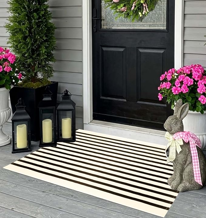 Black and Beige Layered Doormat,2x3 ft Striped Small Outdoor Porch Rug Cotton Woven Washable Farmhouse Layered Door Mats for Entryway/Porch Decor/Kitchen/Home Entrance
