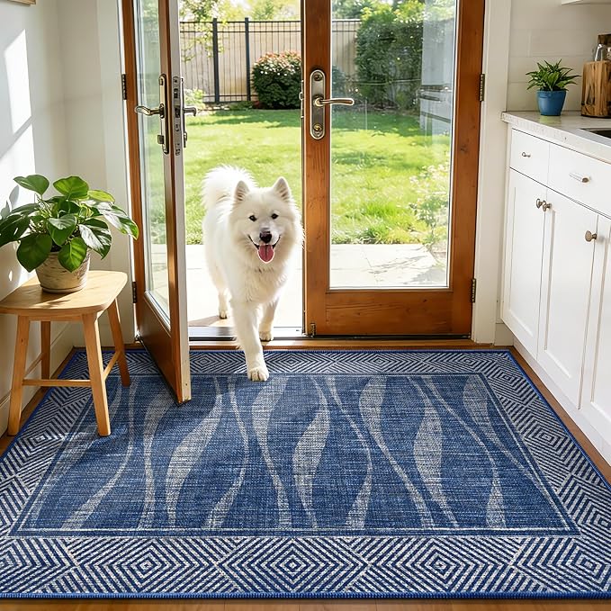 Jute Rug 3x5 Outdoor Patio Rug with Border, Washable Rugs for Entryway Porch, Farmhouse Non Slip Area Rugs with Rubber Backing, Non Shedding Carpet for Indoor Outdoor Bedroom, Courtyard, Blue