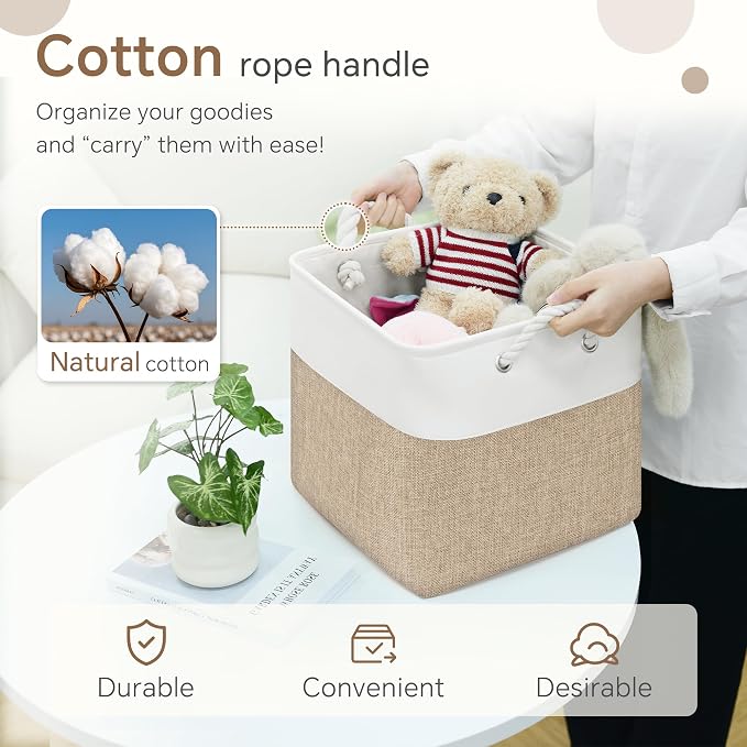 FinishingBo 11 inch Cube Storage Bin with Handles 6 Pack | Foldable Basket, Fabric Storage Bins, Closet Storage, Home Organizer (White/Khaki)