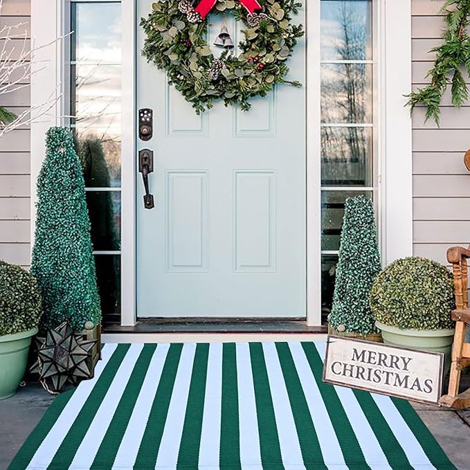 Green & White Striped Rug, 2'4" x 3'7" Indoor/Outdoor Area Rug for Front Porch, Entryway, Machine Washable Cotton Woven Welcome Door Mat