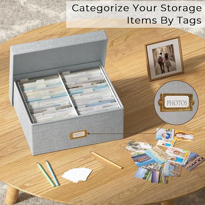 Decorative Photo Storage Box, Linen Photo Box Holds 1700 4x6 Pictures Grey | Photo Storage Containers with 8 Dividers, Memory Keepsake Organizer for Photos, Scrapbook Supplies, Cards, Stamps,Archive Box