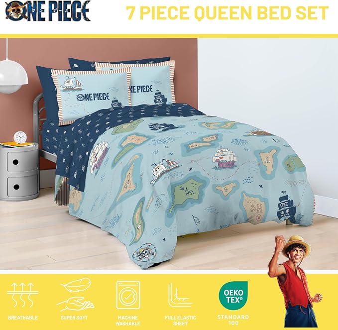 One Piece Luffy Queen Comforter Set 7 Piece Soft Anime Bedding, Multi | Bed in a Bag, Comforter Sheets Shams Pillowcases, Official Product, Soft Microfiber, Machine Washable, Gift for Fans