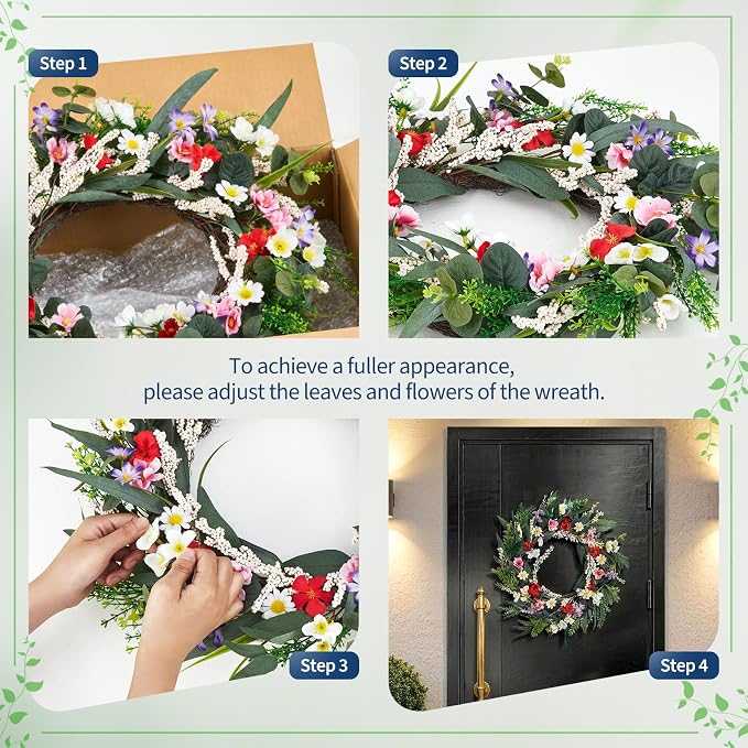 Garvee 20 Inch Artificial Spring Flower Wreath for Front Door | Colorful Floral Door Wreath with Eucalyptus Leaves, Daisies, and Mixed Blooms for Indoor Outdoor Porch Wall Window Home Decor