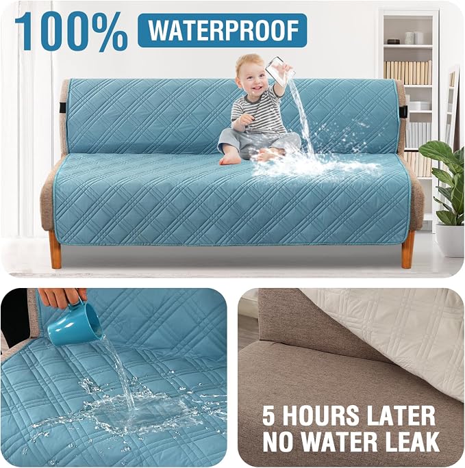 H.VERSAILTEX 100% Waterproof Futon Couch Cover Reversible Sofa Slipcovers Armless Daybed Cover Soft Thicken Sofa Bed Cover for Dog with Adjustable Elastic Strap Non-Slip, Smoke Blue/Beige