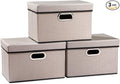 PRANDOM Foldable Storage Bin with Lid [3-Pack] Linen Fabric Decorative Storage Box Organizer Container Basket Cube with Handles Divider for Closet Office Living Room Light Grey(14.9x9.8x9.8)
