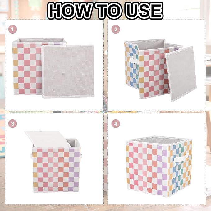 Bokon 11 Inch Colorful Checked Fabric Storage Cube Back to School Classroom Must Have Cube Storage Organizer with Handle Collapsible Cubby Basket Bin Gift for School Lockers Homeschool Office