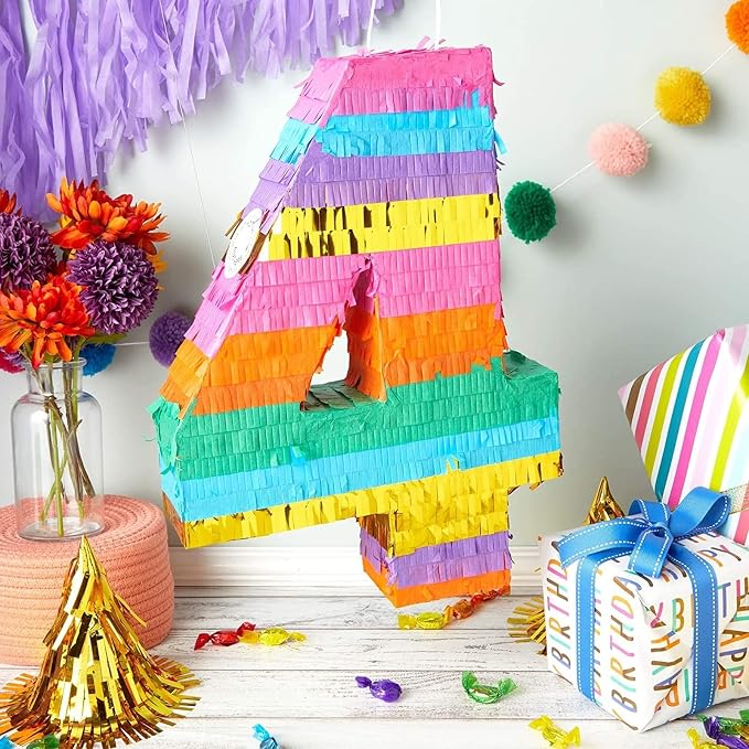 BLUE PANDA Number 4 Pinata - Vibrant Rainbow 4th Birthday Party Decorations | Multicolored Tissue Paper Fiesta Party Supplies | Large 12 x 17 x 3 Inches
