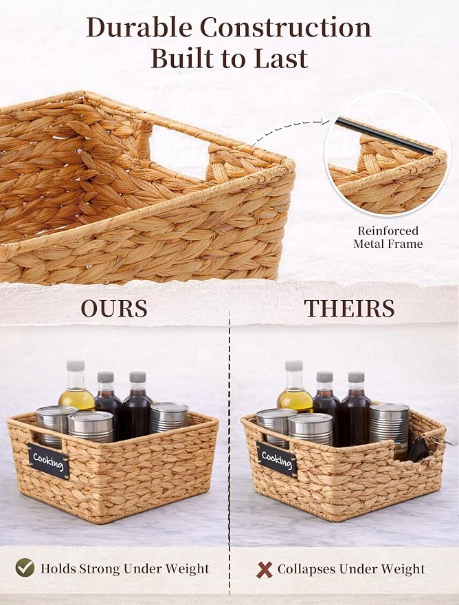 Pantry Baskets, 3 Pack Wicker Storage Baskets for Shelves, Natural | Water Hyacinth Baskets for Organizing, 3-Size Pantry Bins with Chalkboard and Marker for Shelf, Snack, Kitchen, Bathroom