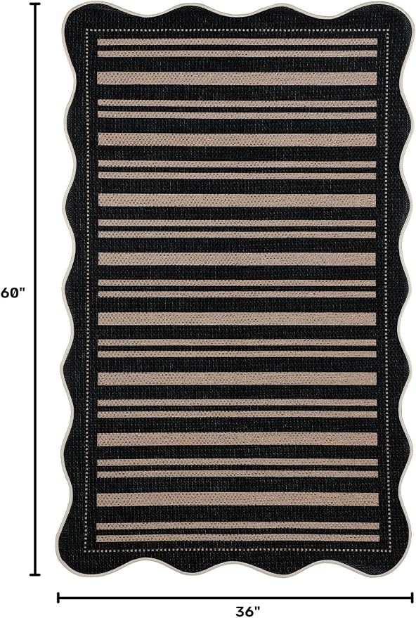 EDIMENS Scalloped Outdoor Rug 3x5 Jute Front Porch Patio Entry Entryway Rug | Striped Front Door Mat Small Non-Slip Washable Area Rug Carpet Low Pile Black Indoor Farmhouse Doormat for Entrance Doorway