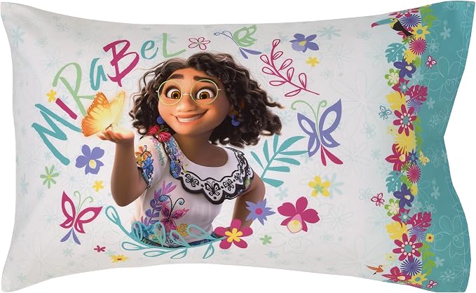 Disney Encanto Tropical Delight Pink and Aqua Flowers and Butterflies 4 Piece Toddler Bedding Set - Comforter, Fitted Bottom Sheet, Flat Top Sheet and Reversible Pillowcase