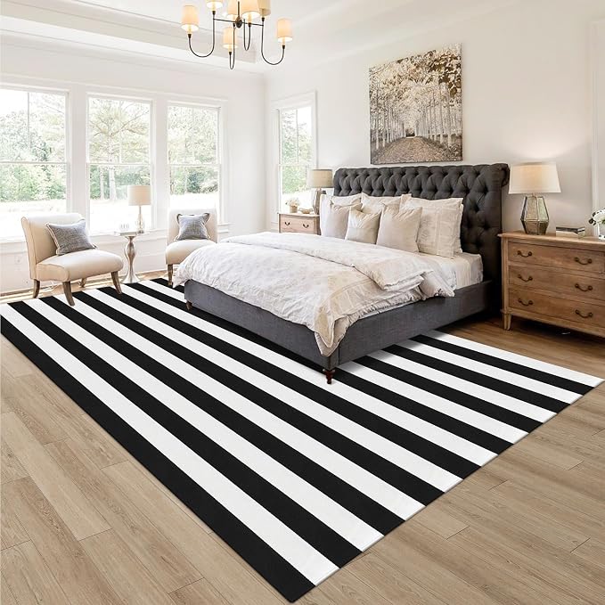 Black and White Striped Rug 6x9 Feet Cotton Woven Rug Reversible Retro Farmhouse Striped Outdoor Rug Washable Indoor Outdoor Area Rug for Living Room Bedroom Dining Room Home Decor Carpets
