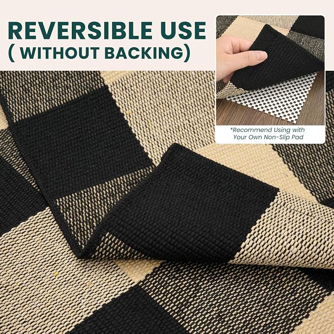 KOZYFLY Buffalo Plaid Area Rugs 2x3 Ft Brown and Black Rug Washable Front Door Mat Woven Cotton Indoor Outdoor Rug for Front Porch Kitchen Entryway Patio Farmhouse Checkered Doormat