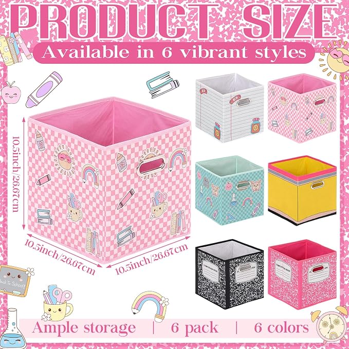 Gerrii 6 Pack 11 Inch Cube Storage Bins for Classroom Foldable Fabric Storage Cube Bins Pencil Composition Notebook Organizing Baskets with Grommet Handles for Back to School Organizer Shelves Decor