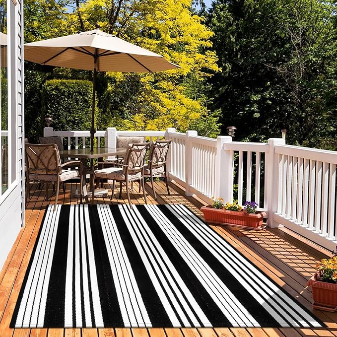 OJIA Outdoor Rugs 5'x7' Patio Rug Washable Carpet Black & White Camping Rug | Machine Washable Outdoor Rug Cotton Woven Area Rug Farmhouse Indoor Carpet for Front Door/Porch/Deck/Backyard/Balcony Decor