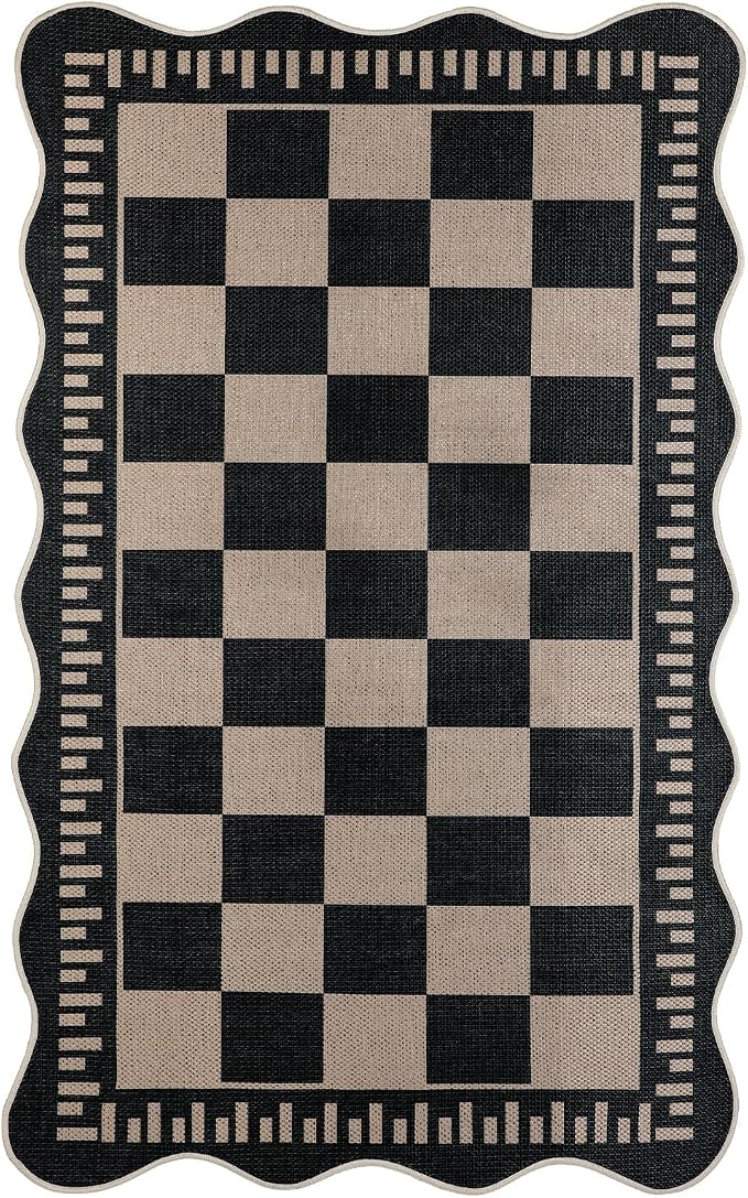 EDIMENS Scalloped Outdoor Rug 3x5 Jute Front Porch Patio Entry Entryway Rug | Checkered Front Door Mat Small Non-Slip Washable Area Rug Carpet Low Pile Black Indoor Farmhouse Doormat for Entrance Doorway