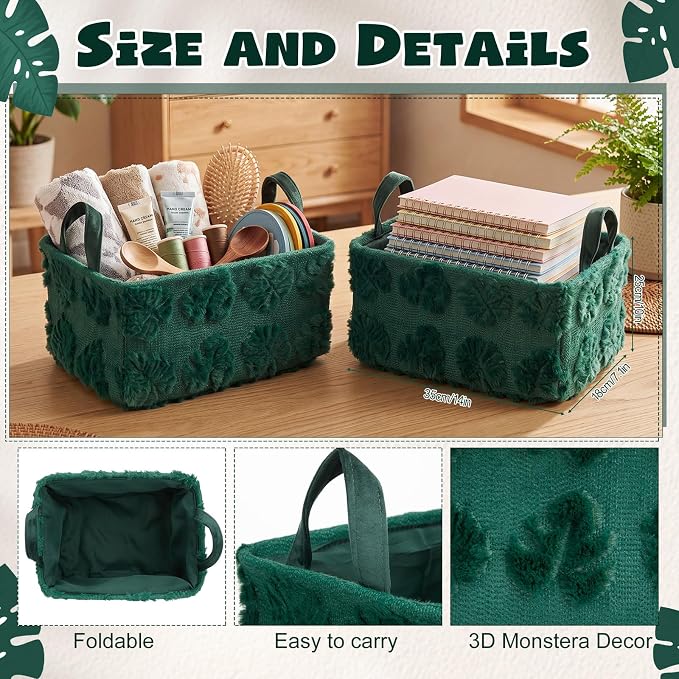 2 Pcs Monstera Storage Basket 14x10'' Back to School Gift Basket | Green, Summer Leaves, Foldable, Fluffy Plush, Closet Organizer Bin with Handle, for Shelves Home Office, Laundry Tabletop Car
